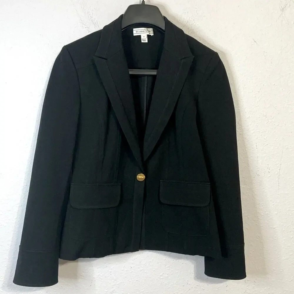 Vintage St John Sport Women Black Cotton Blend with Gold Button Blazer Size 4